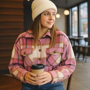 Genhoo Women's Heavy Flannel Shirt Small Pink Plaid Very Warm